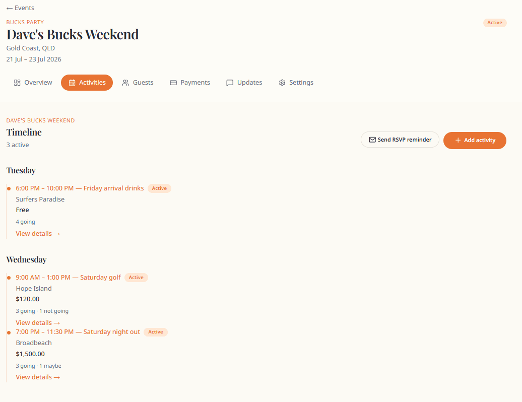 Buxmate activity timeline with times, locations and RSVP counts