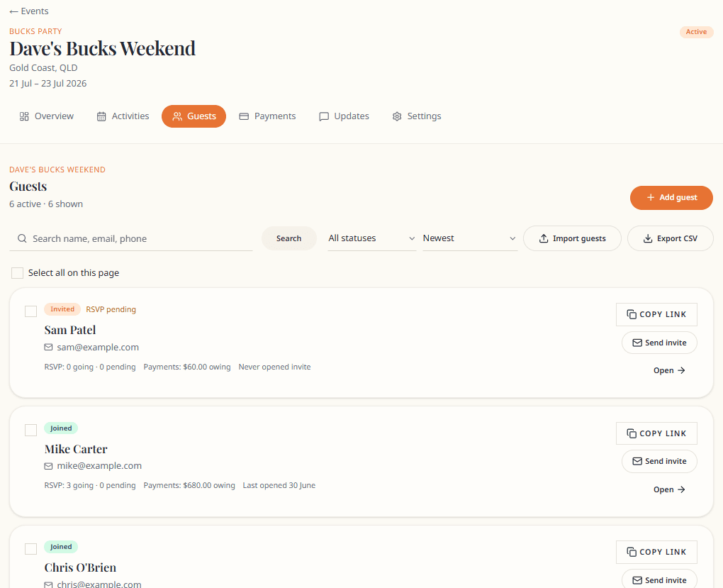 Buxmate guest list with invite status, search and guest of honour badge