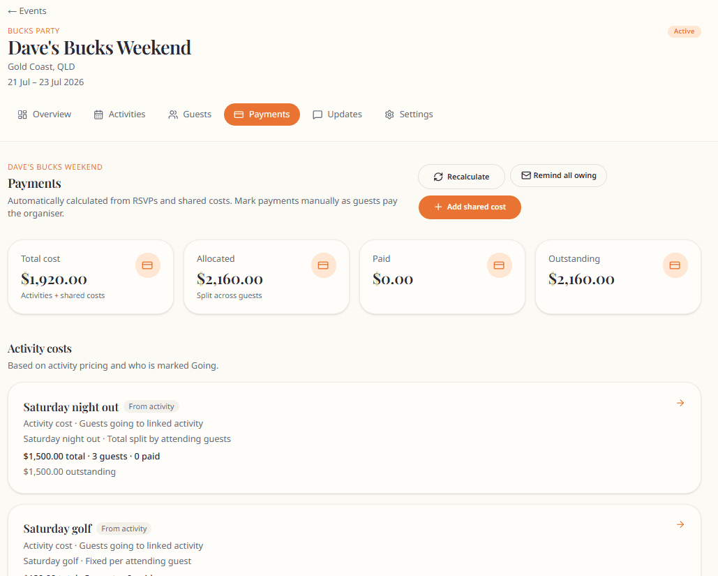 Buxmate payments overview showing shared costs and paid status per guest
