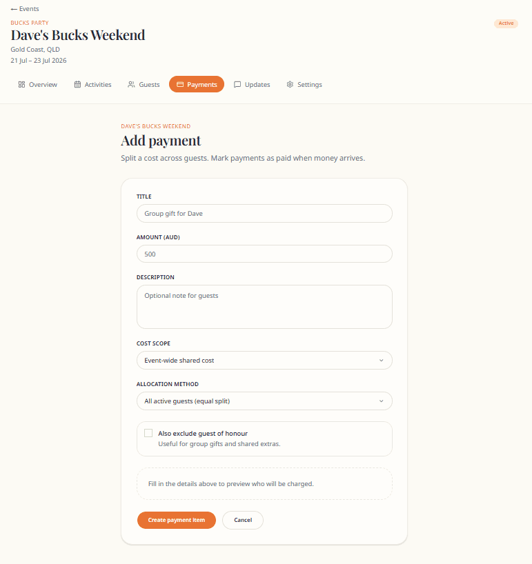Buxmate create payment form with live split preview across guests