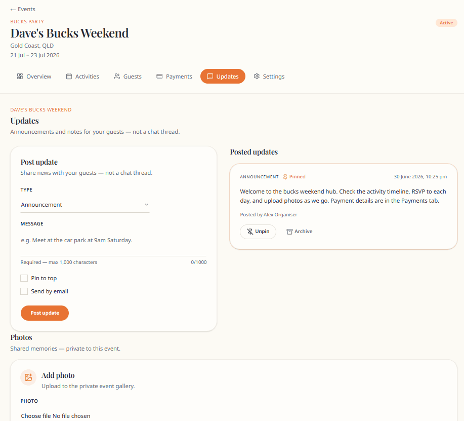 Buxmate event feed with pinned announcement for guests