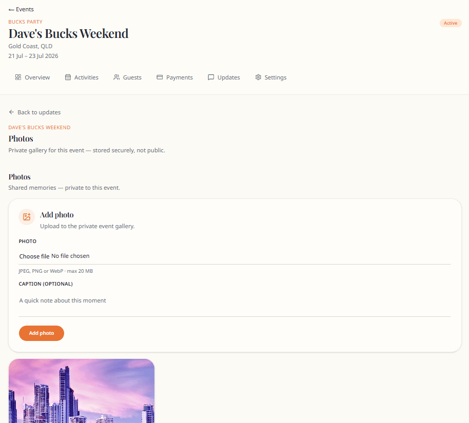 Buxmate private photo gallery for an event weekend