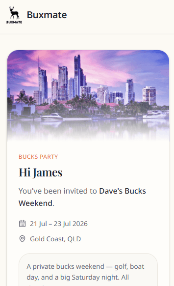 Buxmate guest invite landing page on mobile with event details