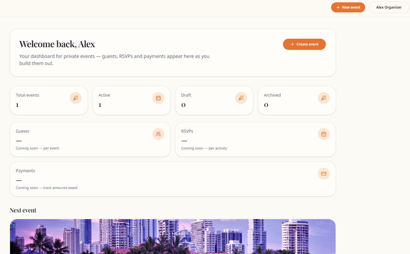 Buxmate organiser home screen listing active events