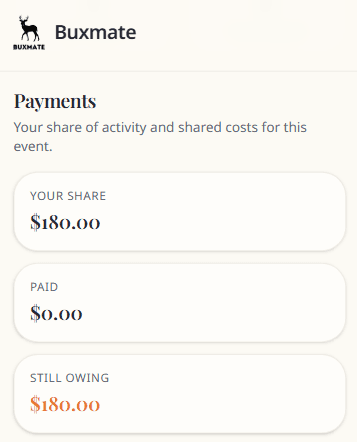 Buxmate guest payment share on mobile with activity and shared costs