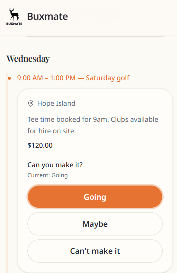 Buxmate guest RSVP controls on mobile for weekend activities