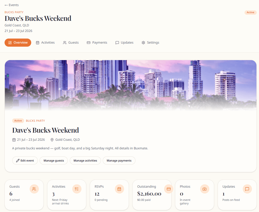 Buxmate organiser event dashboard with activities, guests and payment summary